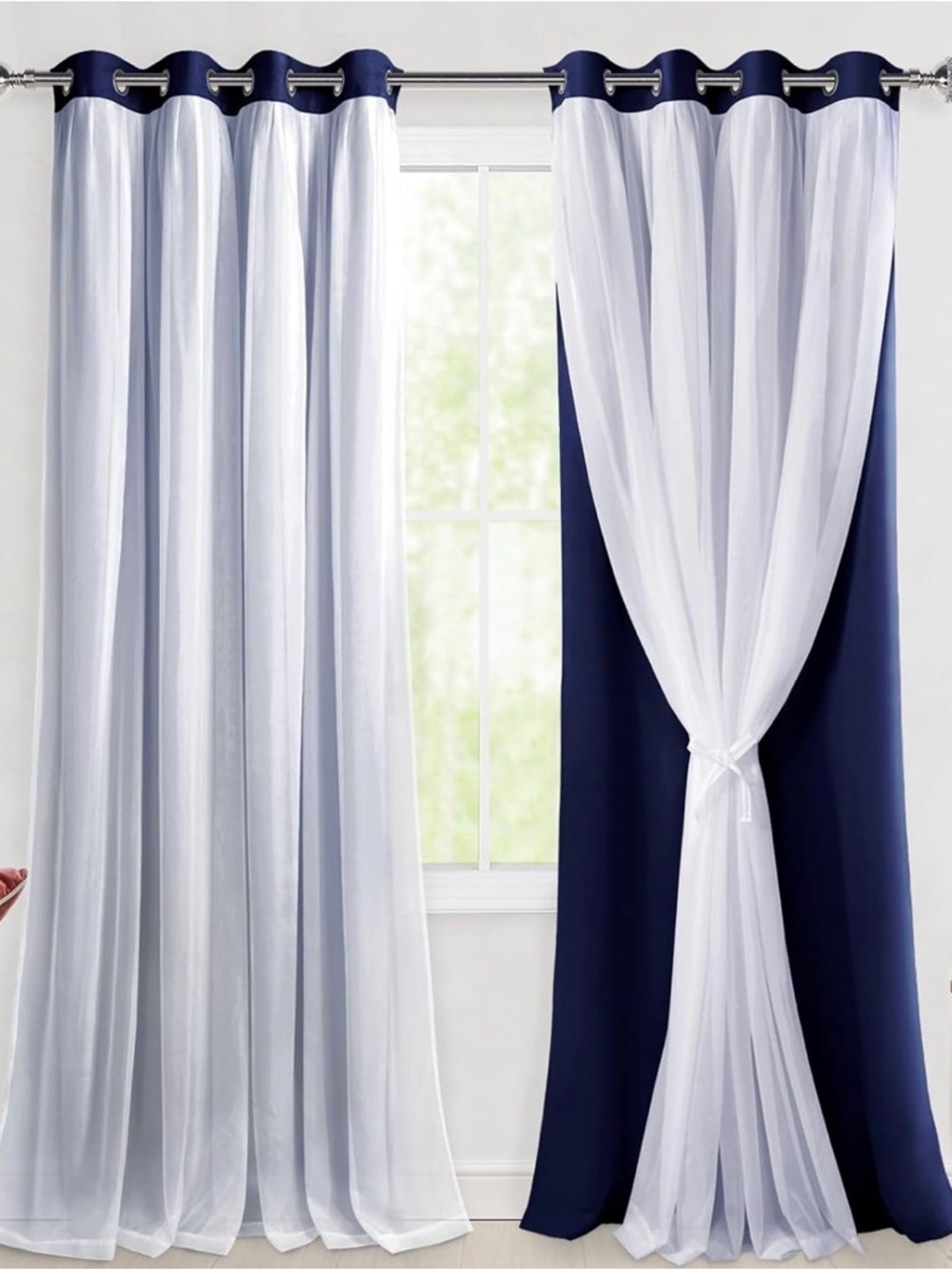 Navy Blackout Curtains with White Sheer Overlay Thermal Insulated 2 Drapes